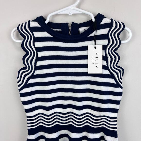 Milly Mini Textured Wave Flare Dress Navy Blue Stripes 7/8 NWT - Picture 2 of 10